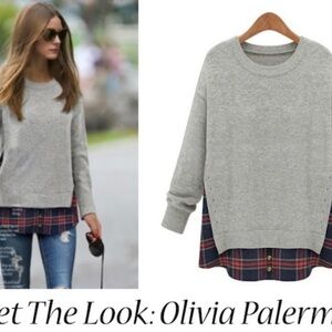 Olivia Palermo- Gray Sweater with Plaid Hem Small
